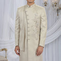 Trendy Cream Art Silk Embroidered Indo Western Sherwani for Men with White Churidar