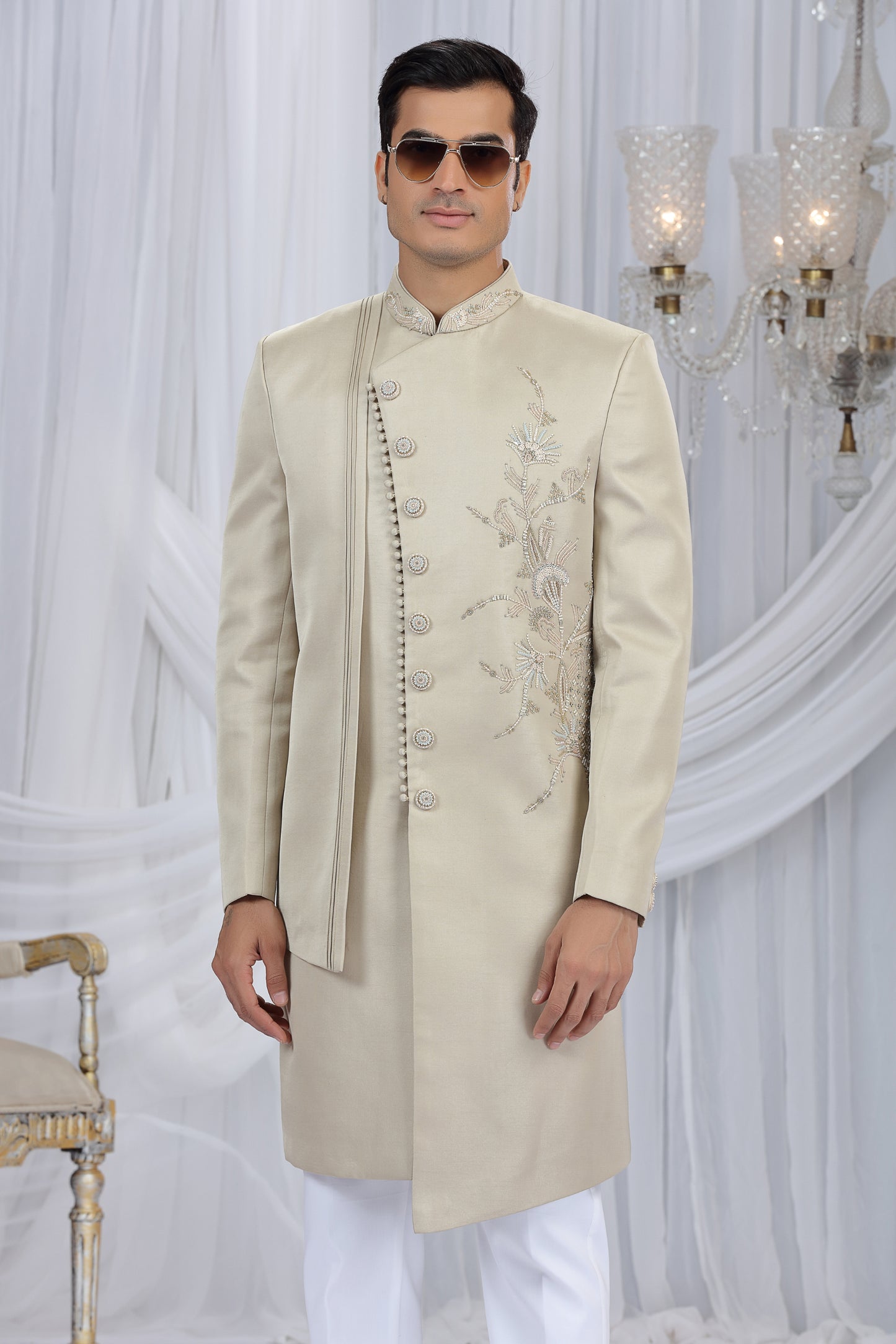 Trendy Cream Art Silk Embroidered Indo Western Sherwani for Men with White Churidar