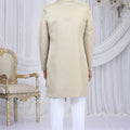 Trendy Cream Art Silk Embroidered Indo Western Sherwani for Men with White Churidar