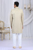 Trendy Cream Art Silk Embroidered Indo Western Sherwani for Men with White Churidar