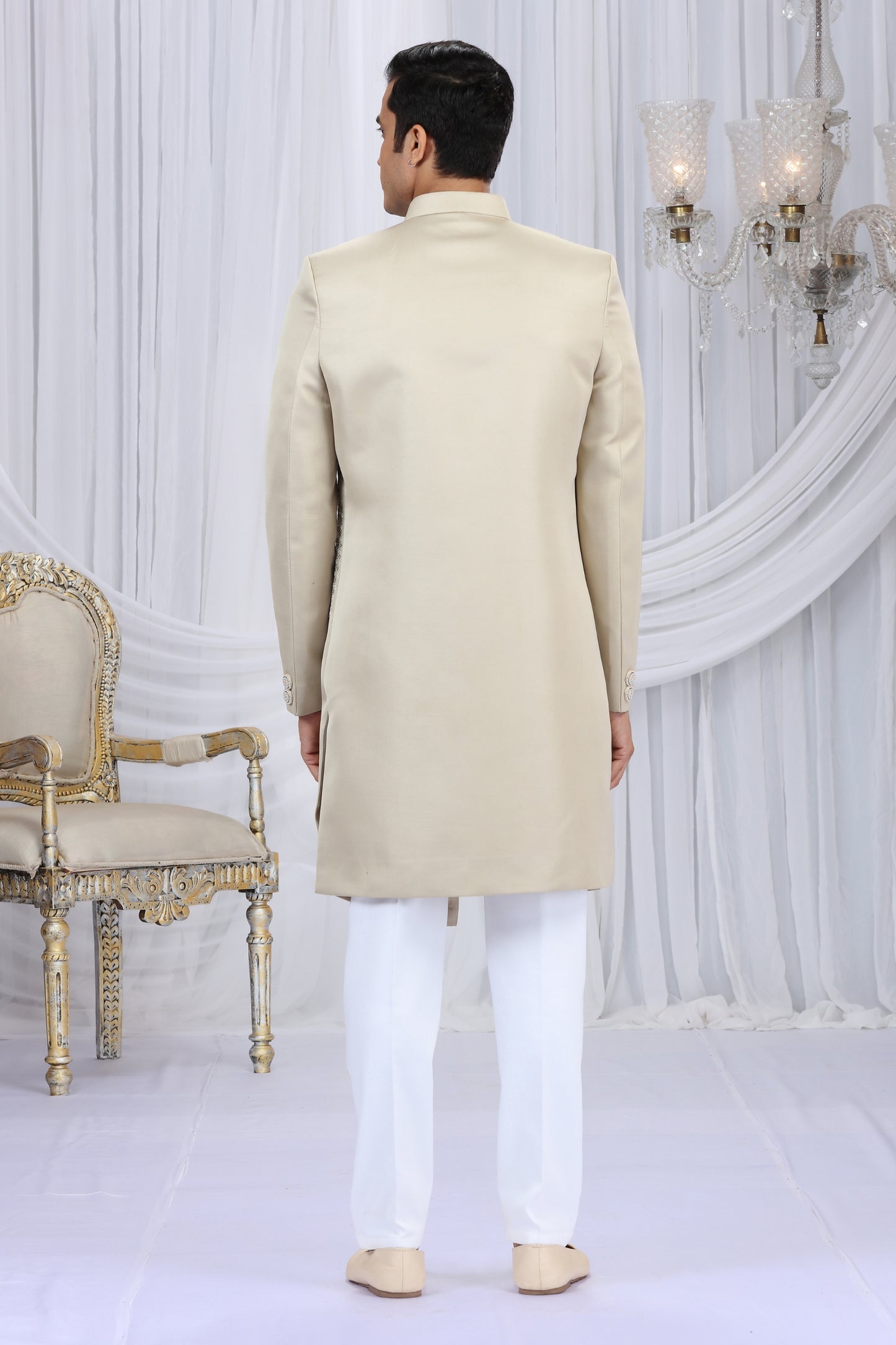 Trendy Cream Art Silk Embroidered Indo Western Sherwani for Men with White Churidar