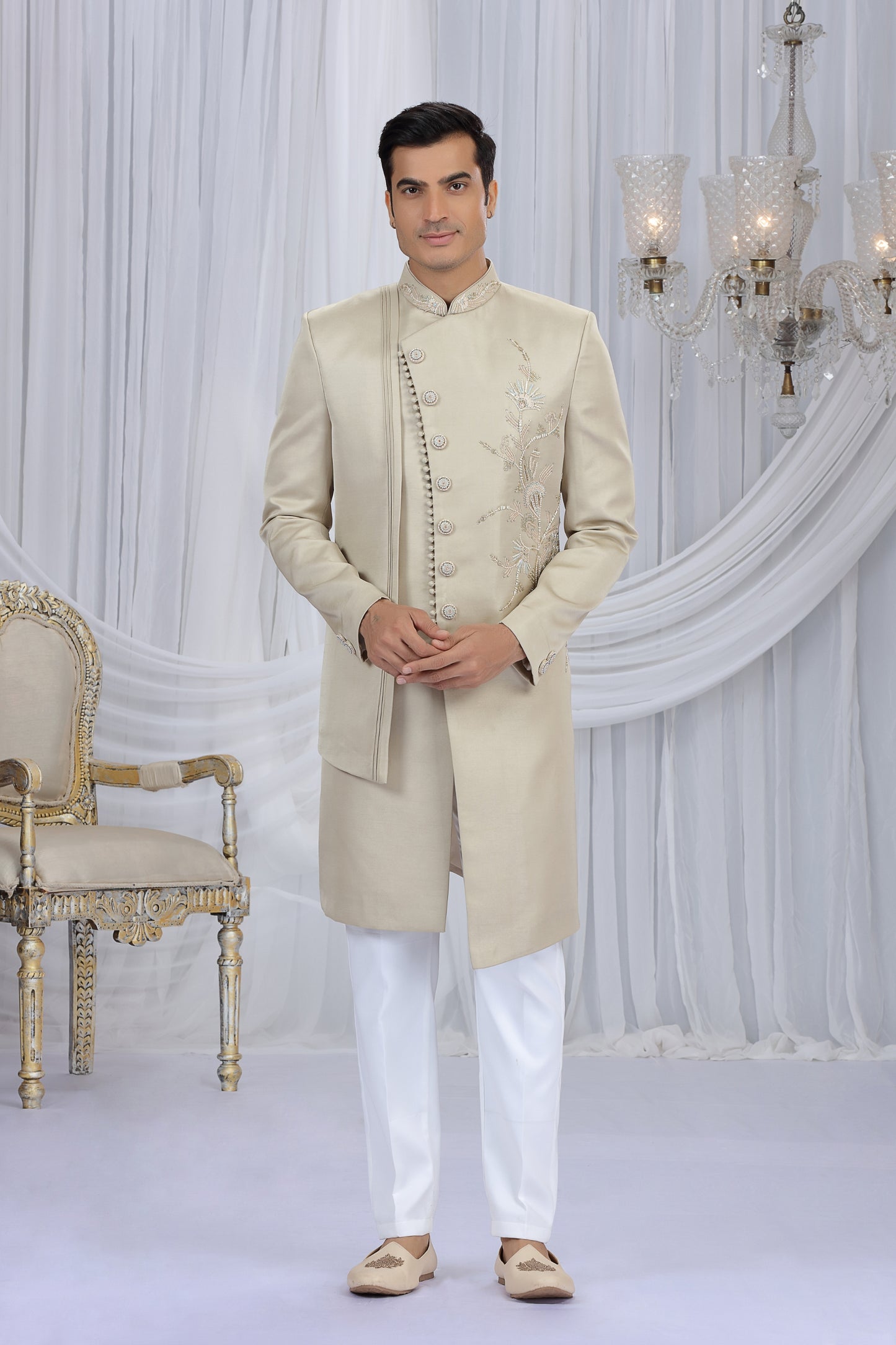 Trendy Cream Art Silk Embroidered Indo Western Sherwani for Men with White Churidar