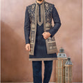 Stylish Navy Blue Art Silk Embroidered Designer Indo Western Sherwani with Jacket