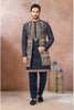 Stylish Navy Blue Art Silk Embroidered Designer Indo Western Sherwani with Jacket