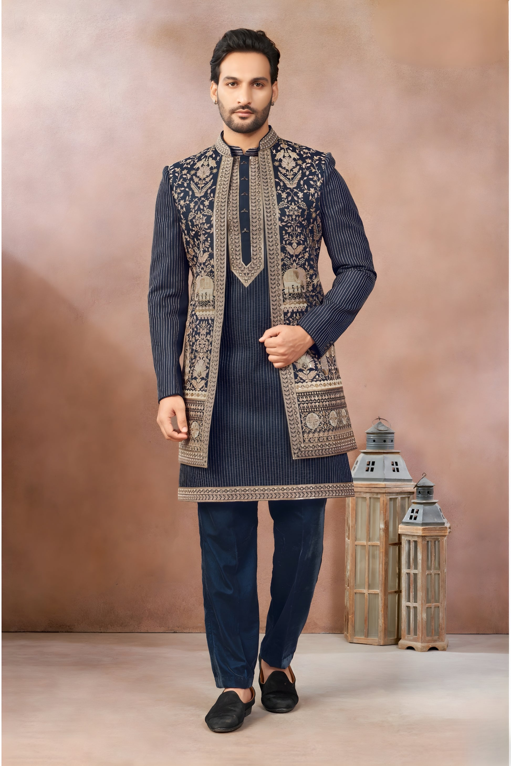 Stylish Navy Blue Art Silk Embroidered Designer Indo Western Sherwani with Jacket