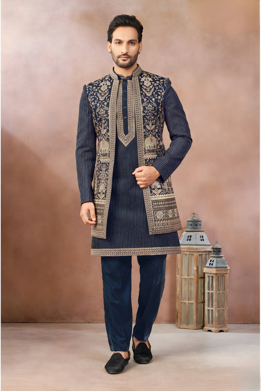 Stylish Navy Blue Art Silk Embroidered Designer Indo Western Sherwani with Jacket