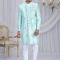 Glorious Aqua Blue Art Silk Embroidered Indo Western Sherwani for Men with White Churidar