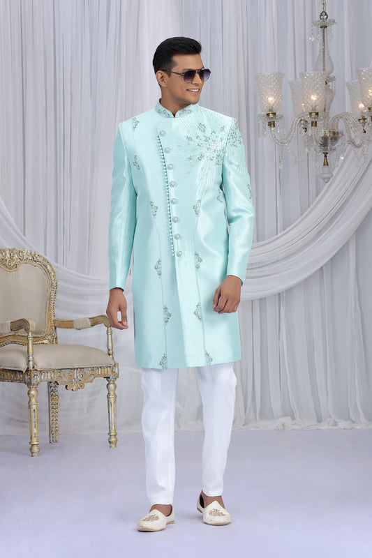Glorious Aqua Blue Art Silk Embroidered Indo Western Sherwani for Men with White Churidar