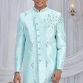 Glorious Aqua Blue Art Silk Embroidered Indo Western Sherwani for Men with White Churidar