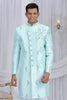 Glorious Aqua Blue Art Silk Embroidered Indo Western Sherwani for Men with White Churidar