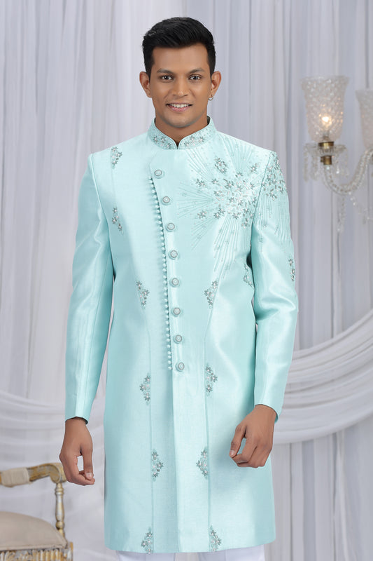 Glorious Aqua Blue Art Silk Embroidered Indo Western Sherwani for Men with White Churidar