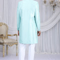 Glorious Aqua Blue Art Silk Embroidered Indo Western Sherwani for Men with White Churidar