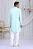 Glorious Aqua Blue Art Silk Embroidered Indo Western Sherwani for Men with White Churidar