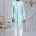 Glorious Aqua Blue Art Silk Embroidered Indo Western Sherwani for Men with White Churidar