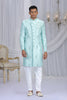 Glorious Aqua Blue Art Silk Embroidered Indo Western Sherwani for Men with White Churidar