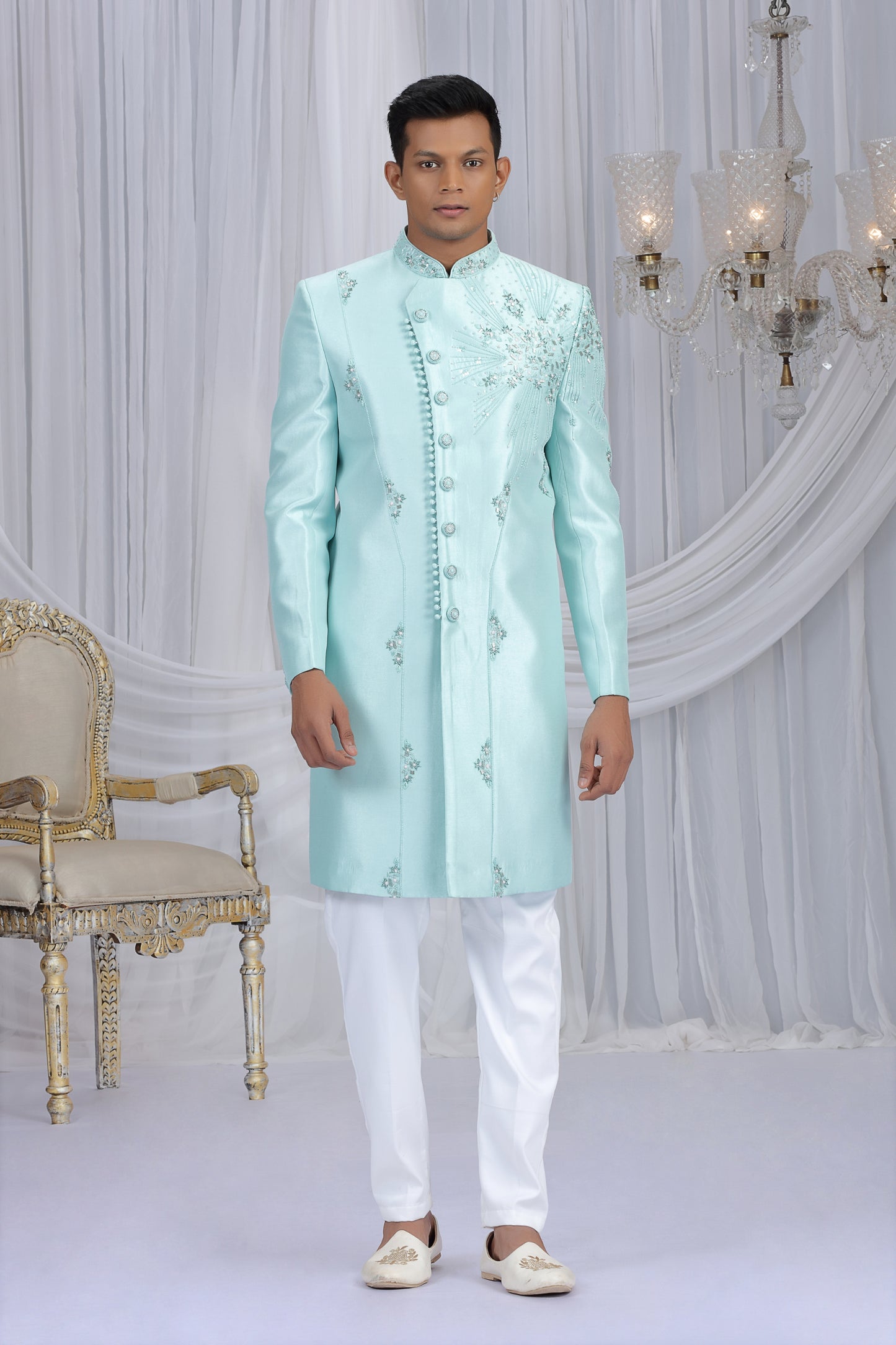 Glorious Aqua Blue Art Silk Embroidered Indo Western Sherwani for Men with White Churidar