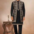Royal Black Art Silk Embroidered Designer Indo Western Sherwani with Jacket for Men