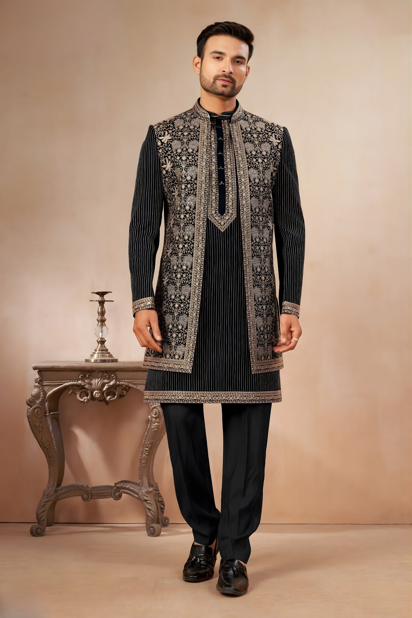 Royal Black Art Silk Embroidered Designer Indo Western Sherwani with Jacket for Men