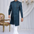 Royal Teal Blue Art Silk Embroidered Indo Western Sherwani for Men with White Churidar