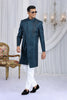 Royal Teal Blue Art Silk Embroidered Indo Western Sherwani for Men with White Churidar