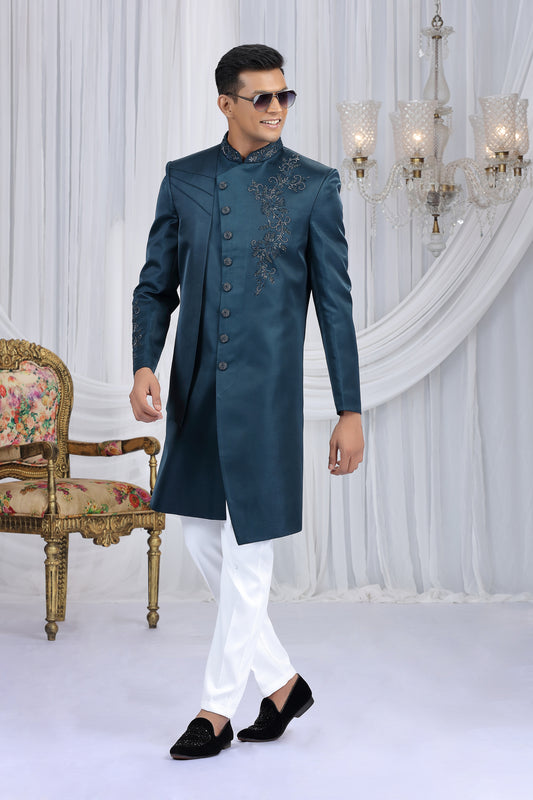 Royal Teal Blue Art Silk Embroidered Indo Western Sherwani for Men with White Churidar