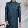 Royal Teal Blue Art Silk Embroidered Indo Western Sherwani for Men with White Churidar