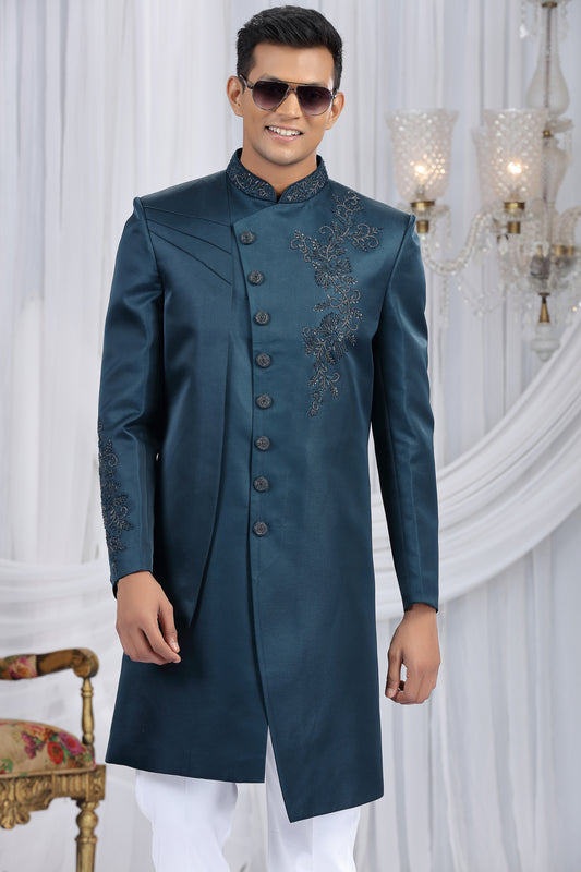 Royal Teal Blue Art Silk Embroidered Indo Western Sherwani for Men with White Churidar