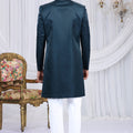 Royal Teal Blue Art Silk Embroidered Indo Western Sherwani for Men with White Churidar