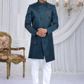 Royal Teal Blue Art Silk Embroidered Indo Western Sherwani for Men with White Churidar