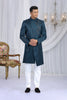 Royal Teal Blue Art Silk Embroidered Indo Western Sherwani for Men with White Churidar