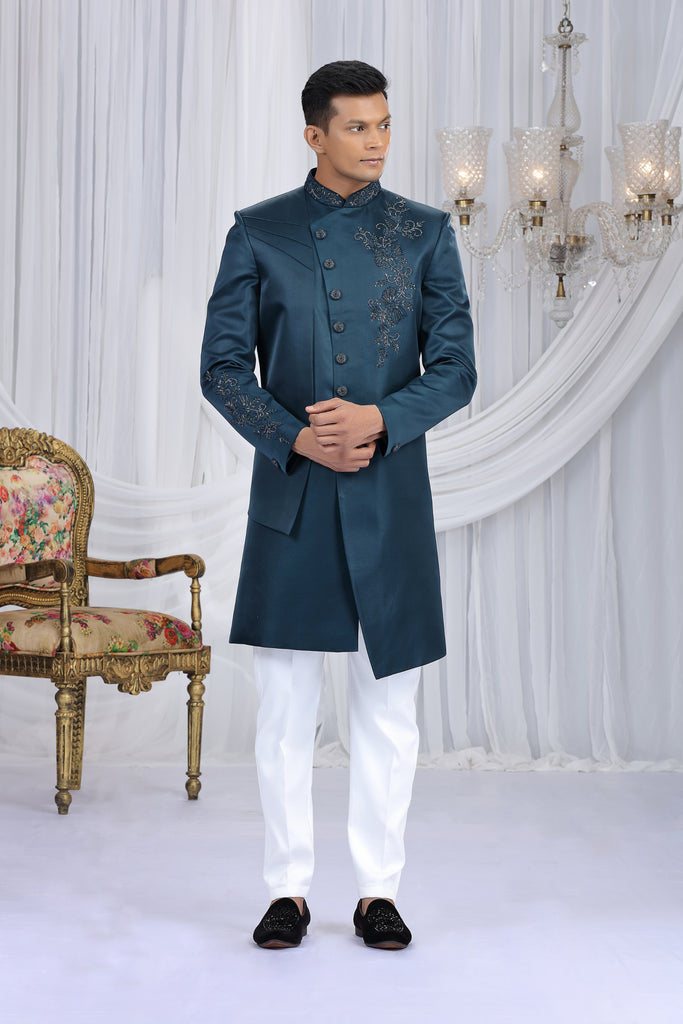 Royal Teal Blue Art Silk Embroidered Indo Western Sherwani for Men with White Churidar