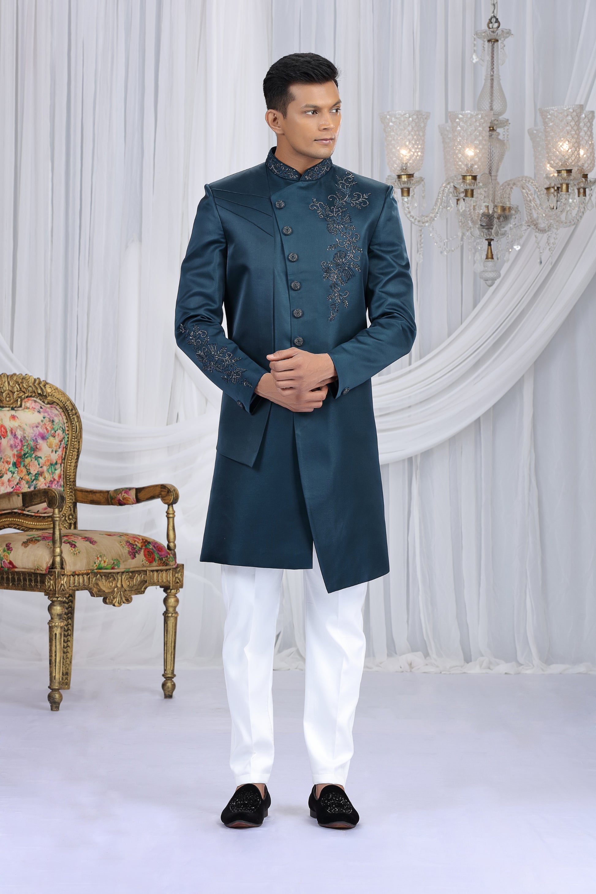 Royal Teal Blue Art Silk Embroidered Indo Western Sherwani for Men with White Churidar