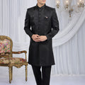Classic Black Art Silk Embroidered Indo Western Sherwani for Men with Matching Trousers