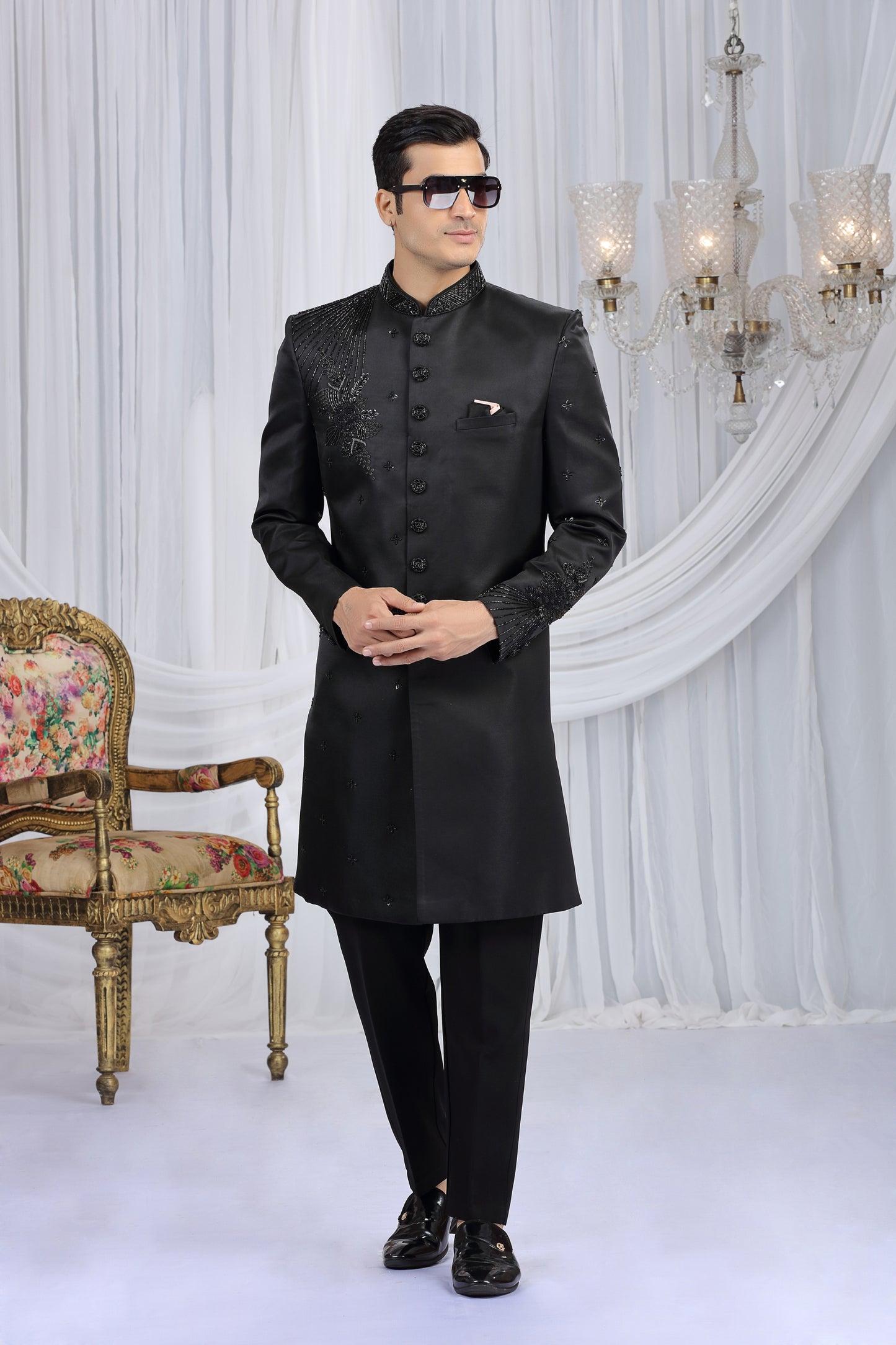 Classic Black Art Silk Embroidered Indo Western Sherwani for Men with Matching Trousers