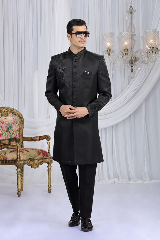 Classic Black Art Silk Embroidered Indo Western Sherwani for Men with Matching Trousers
