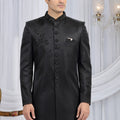 Classic Black Art Silk Embroidered Indo Western Sherwani for Men with Matching Trousers