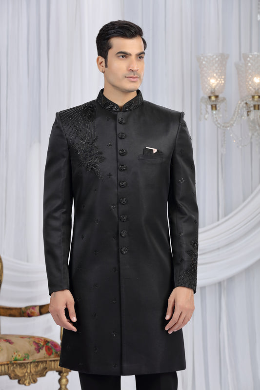 Classic Black Art Silk Embroidered Indo Western Sherwani for Men with Matching Trousers