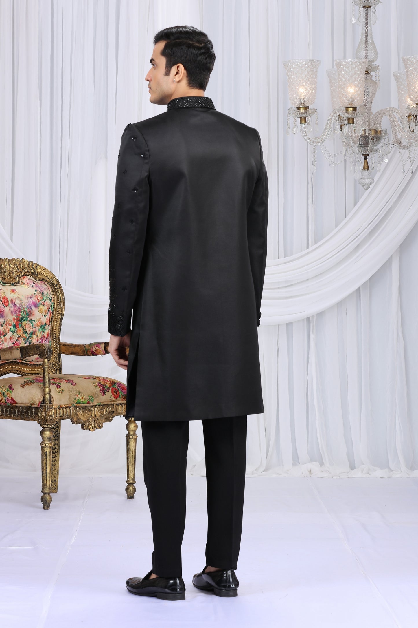 Classic Black Art Silk Embroidered Indo Western Sherwani for Men with Matching Trousers