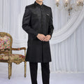 Classic Black Art Silk Embroidered Indo Western Sherwani for Men with Matching Trousers