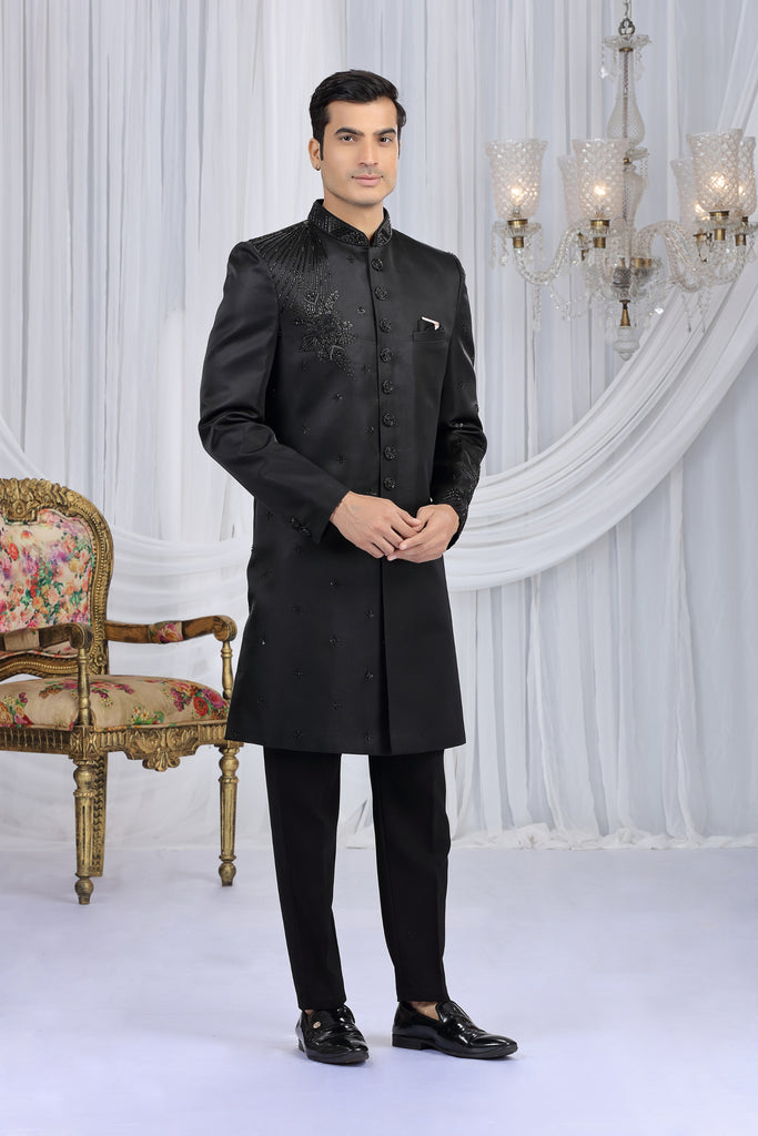 Classic Black Art Silk Embroidered Indo Western Sherwani for Men with Matching Trousers