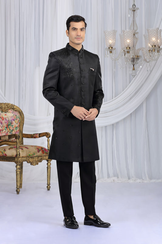Classic Black Art Silk Embroidered Indo Western Sherwani for Men with Matching Trousers