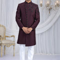 Sterling Maroon Art Silk Embroidered Indo Western Sherwani for Men with White Trousers