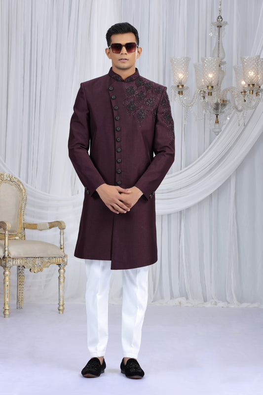 Sterling Maroon Art Silk Embroidered Indo Western Sherwani for Men with White Trousers