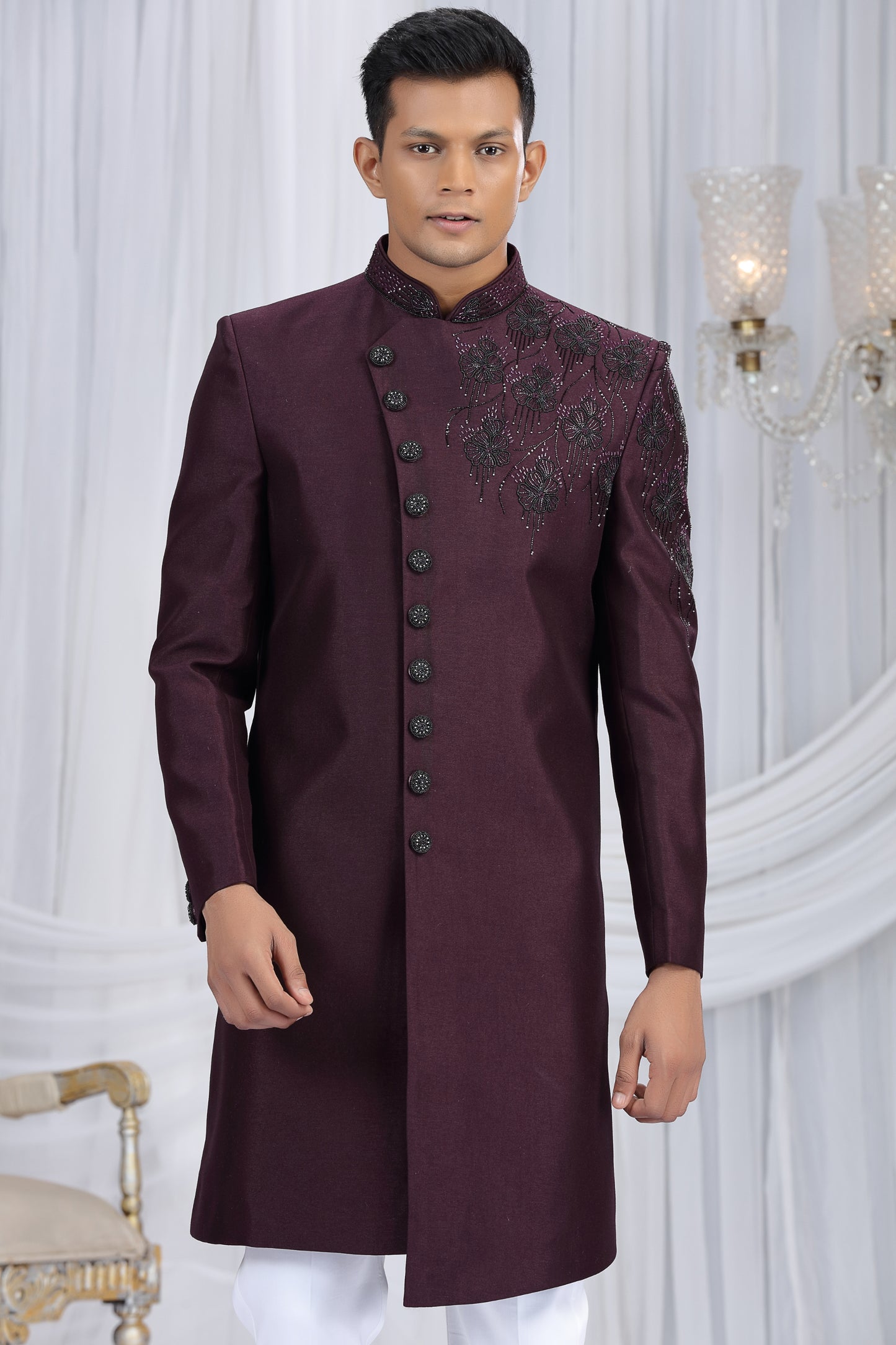 Sterling Maroon Art Silk Embroidered Indo Western Sherwani for Men with White Trousers