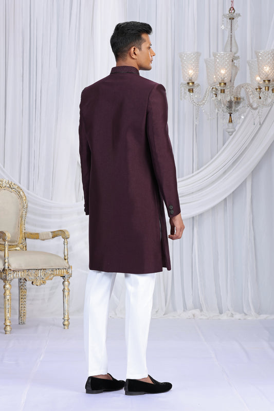 Sterling Maroon Art Silk Embroidered Indo Western Sherwani for Men with White Trousers