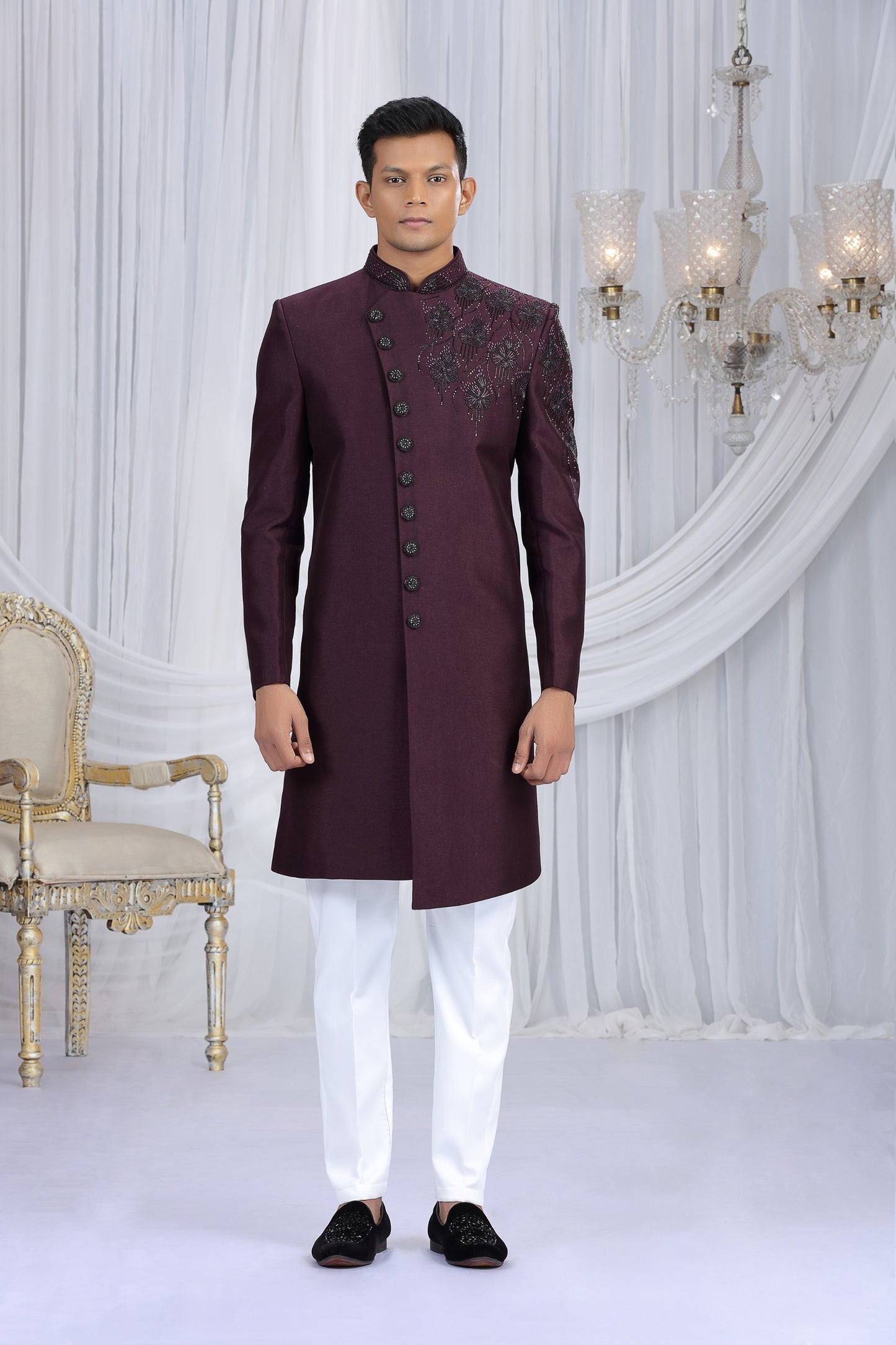 Sterling Maroon Art Silk Embroidered Indo Western Sherwani for Men with White Trousers