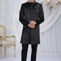 Ideal Black Velvet Embroidered Indo Western Sherwani for Men with Matching Trousers