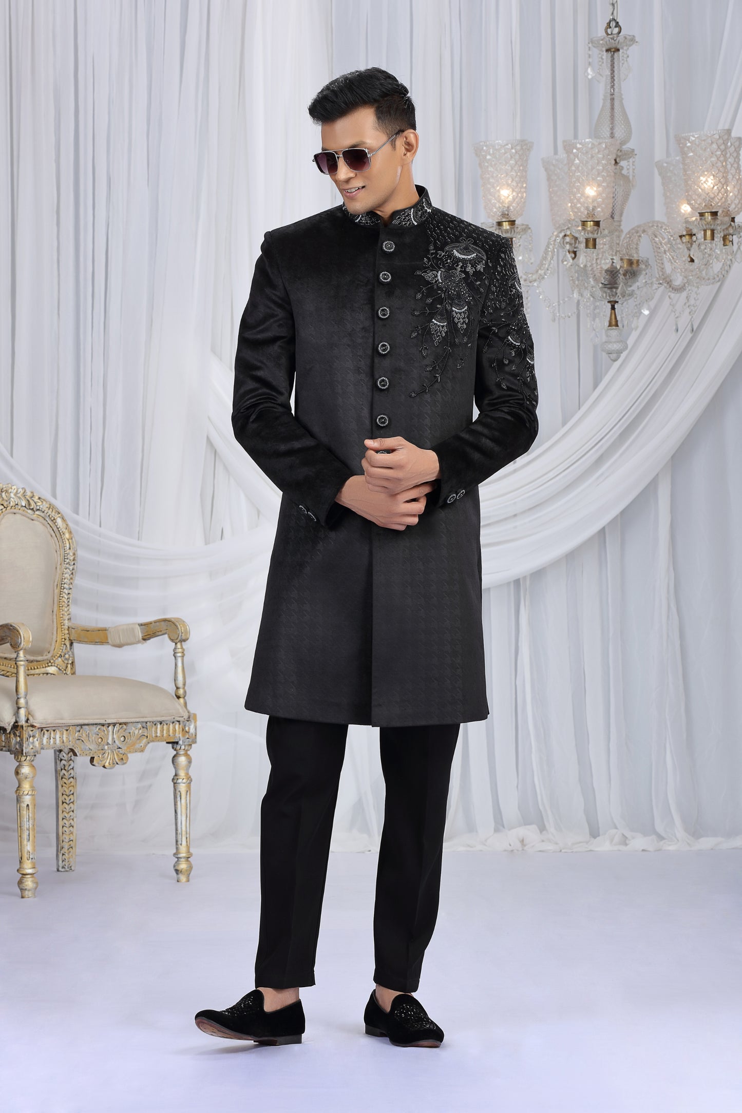 Ideal Black Velvet Embroidered Indo Western Sherwani for Men with Matching Trousers