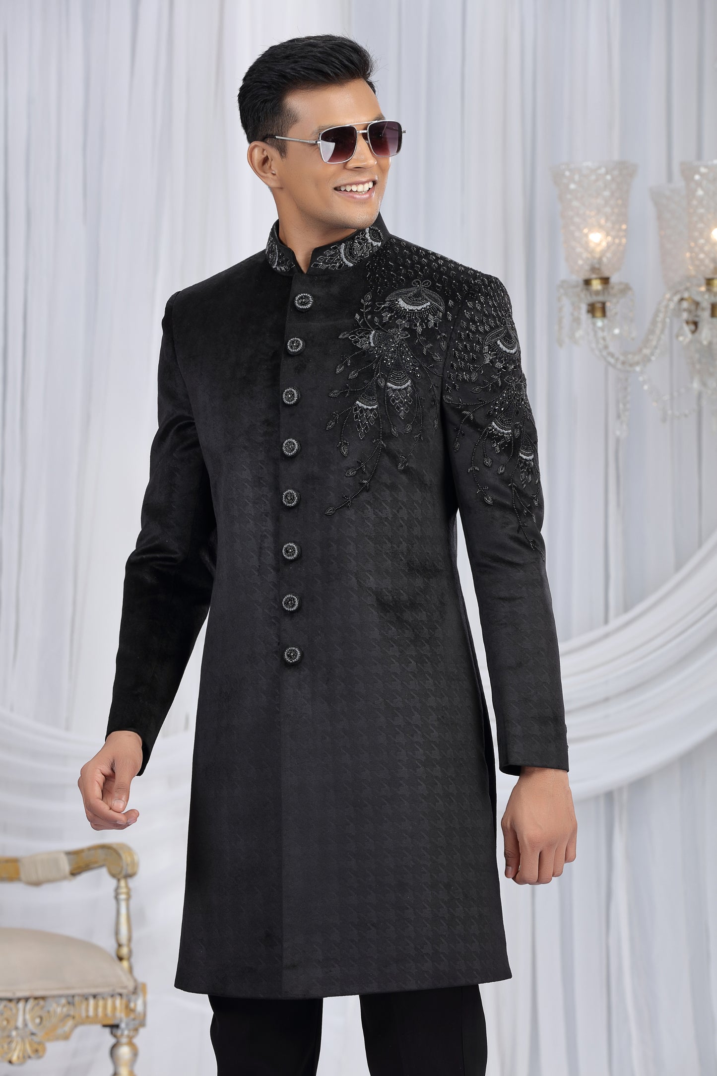 Ideal Black Velvet Embroidered Indo Western Sherwani for Men with Matching Trousers