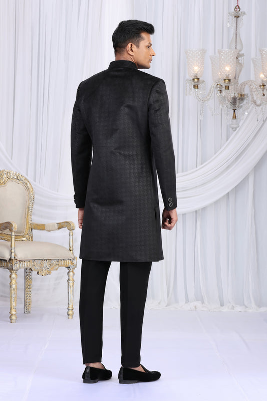 Ideal Black Velvet Embroidered Indo Western Sherwani for Men with Matching Trousers